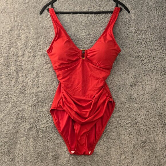 Lauren Ralph Lauren Ring-Detail Over The Shoulder One-Piece Swimsuit Red NWT - Picture 2 of 8